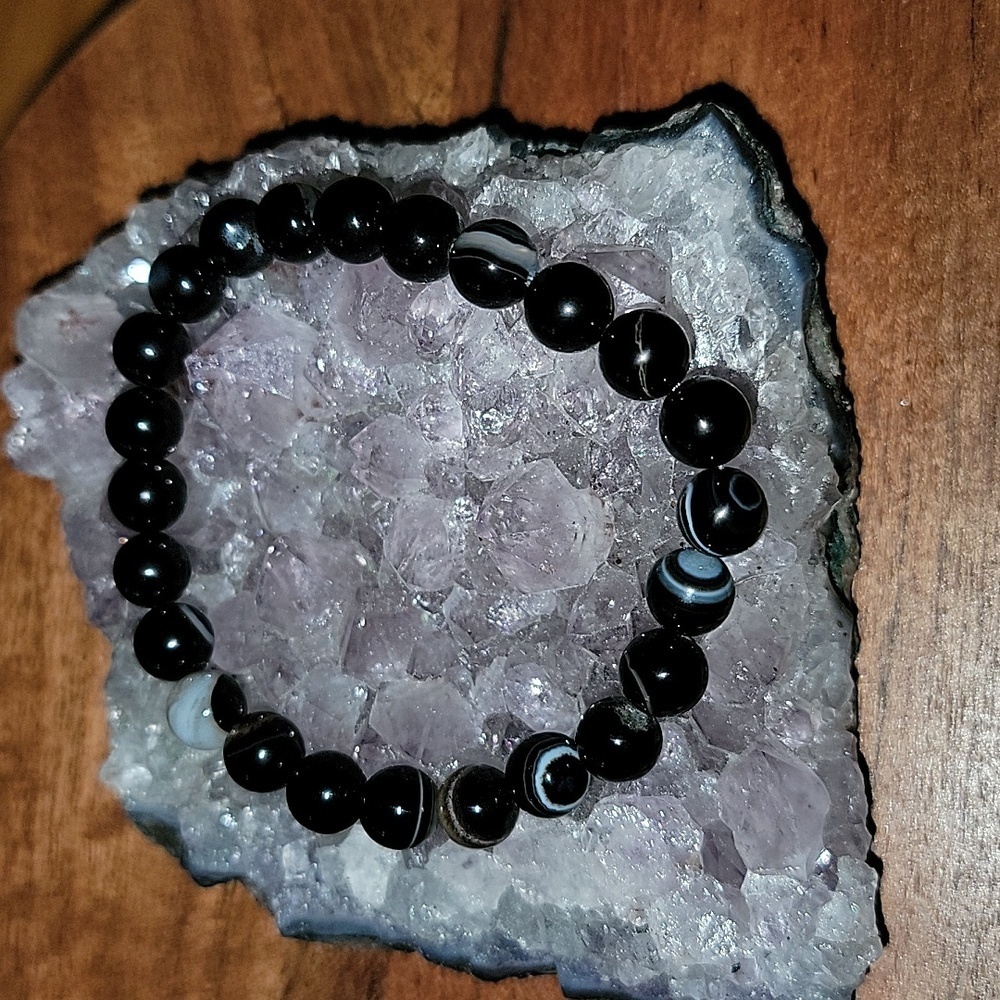 🎁 Hand Crafted Black Sardonyx Natural Gemstone Stretch Bracelet 8mm Stones NEW